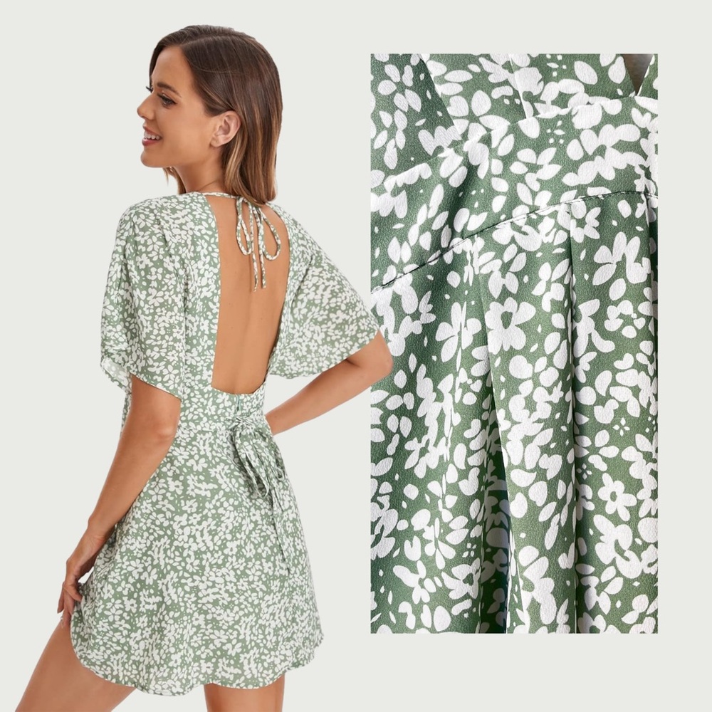 Green & White Floral Mini Dress – Size S